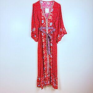 NWT Gypsy Tale Boho Floral Kimono Maxi/Duster Dress Button Front + Tie Belt M